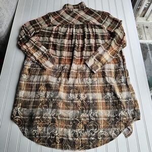 Oddy Olive Brown Cream Plaid/ Floral Extra Long Button-down Shirt Womens Small